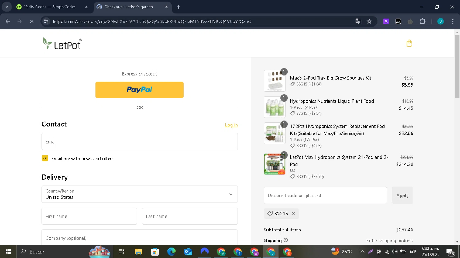 LetPot discount code screenshot showing code SSG15 applied at LetPot checkout page. Uploaded by SimplyCodes community member VictoriousSpotter751 on Jan 25, 2025