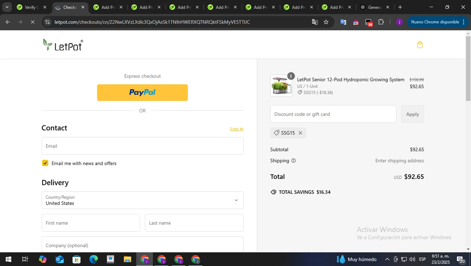 LetPot discount code screenshot showing code SSG15 applied at LetPot checkout page. Uploaded by SimplyCodes community member perry1 on Feb 23, 2025