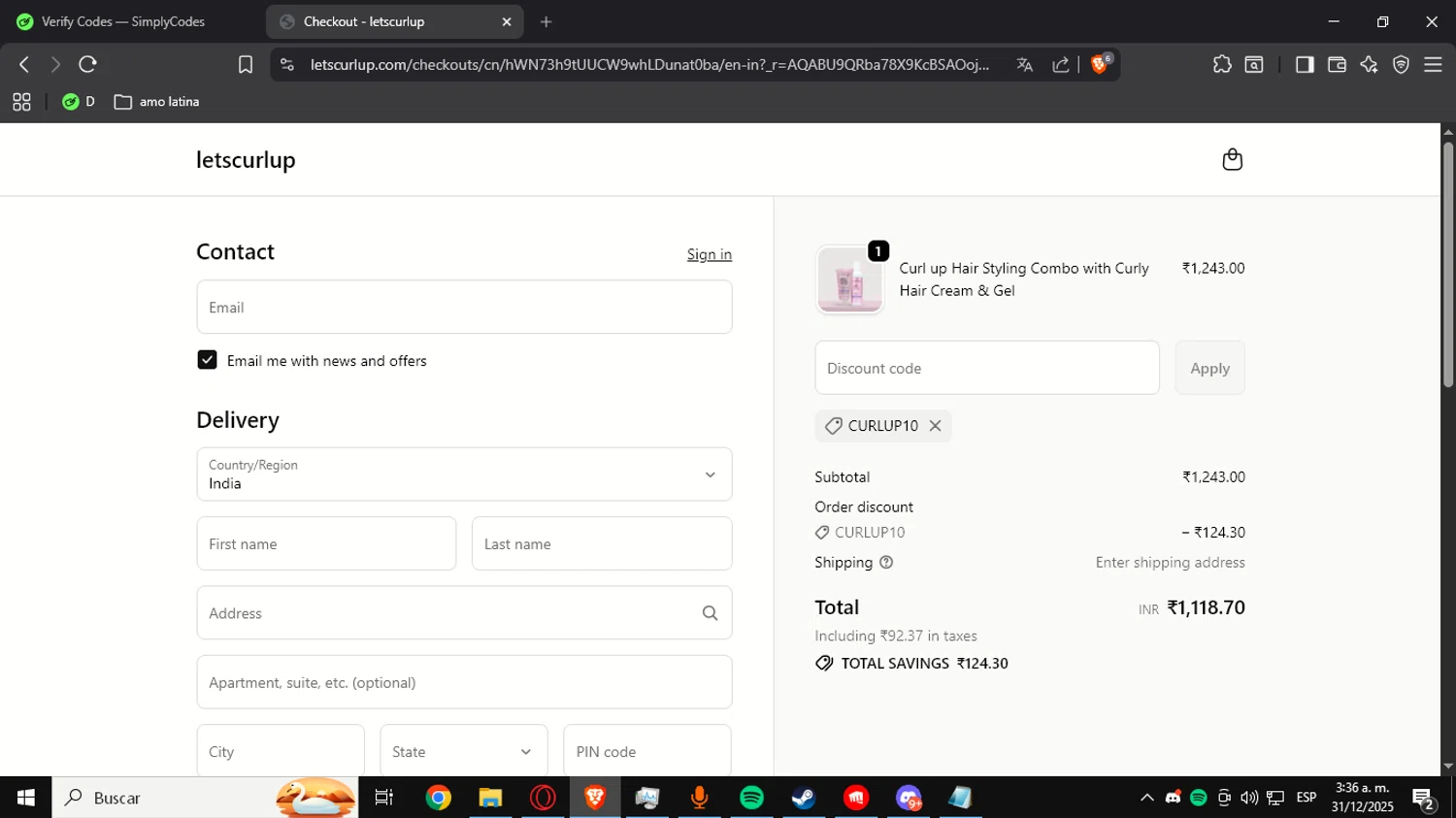 Curl Up promo code screenshot showing code CURLUP10 applied at Curl Up checkout page. Uploaded by SimplyCodes community member Alegre on Dec 31, 2025