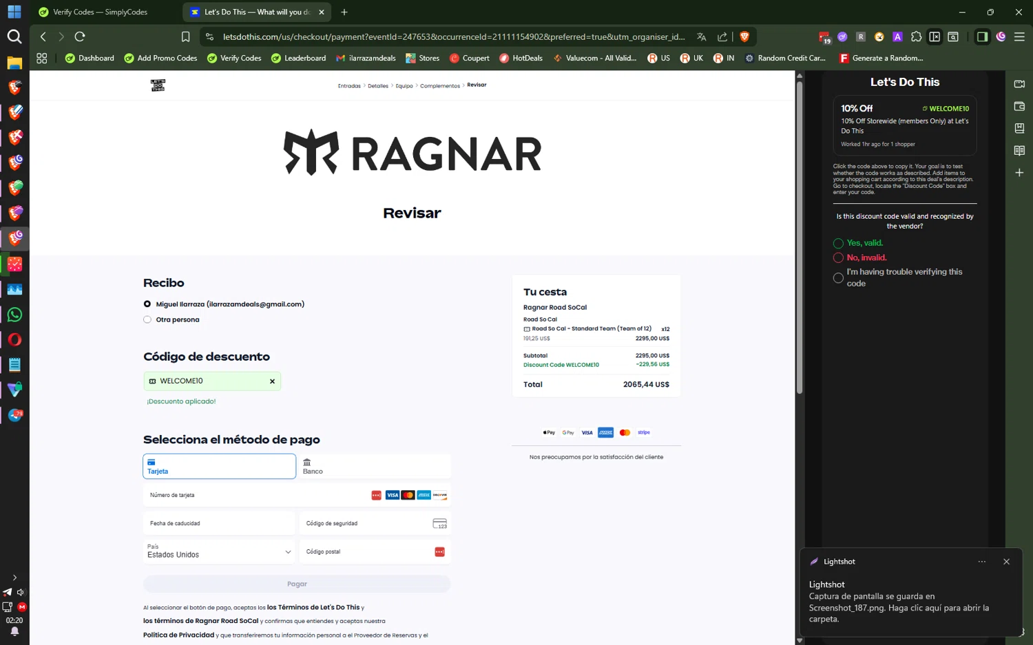 Let's Do This discount code screenshot showing code WELCOME10 applied at Let's Do This checkout page. Uploaded by SimplyCodes community member CoreSeeker9184 on Dec 2, 2025