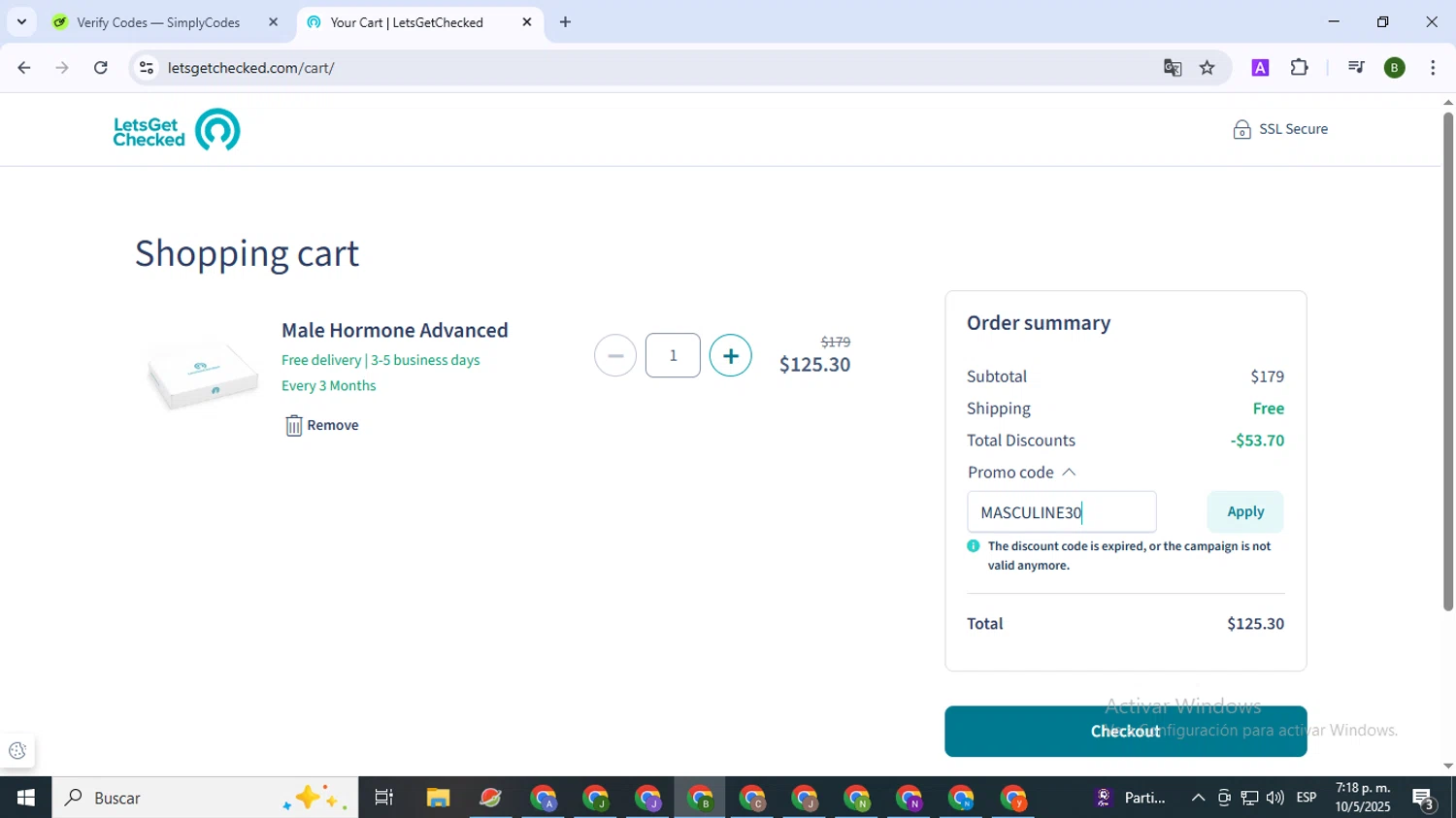 LetsGetChecked promo code screenshot showing code MASCULINE30 applied at LetsGetChecked checkout page. Uploaded by SimplyCodes community member SaleVirtuoso5993 on May 11, 2025
