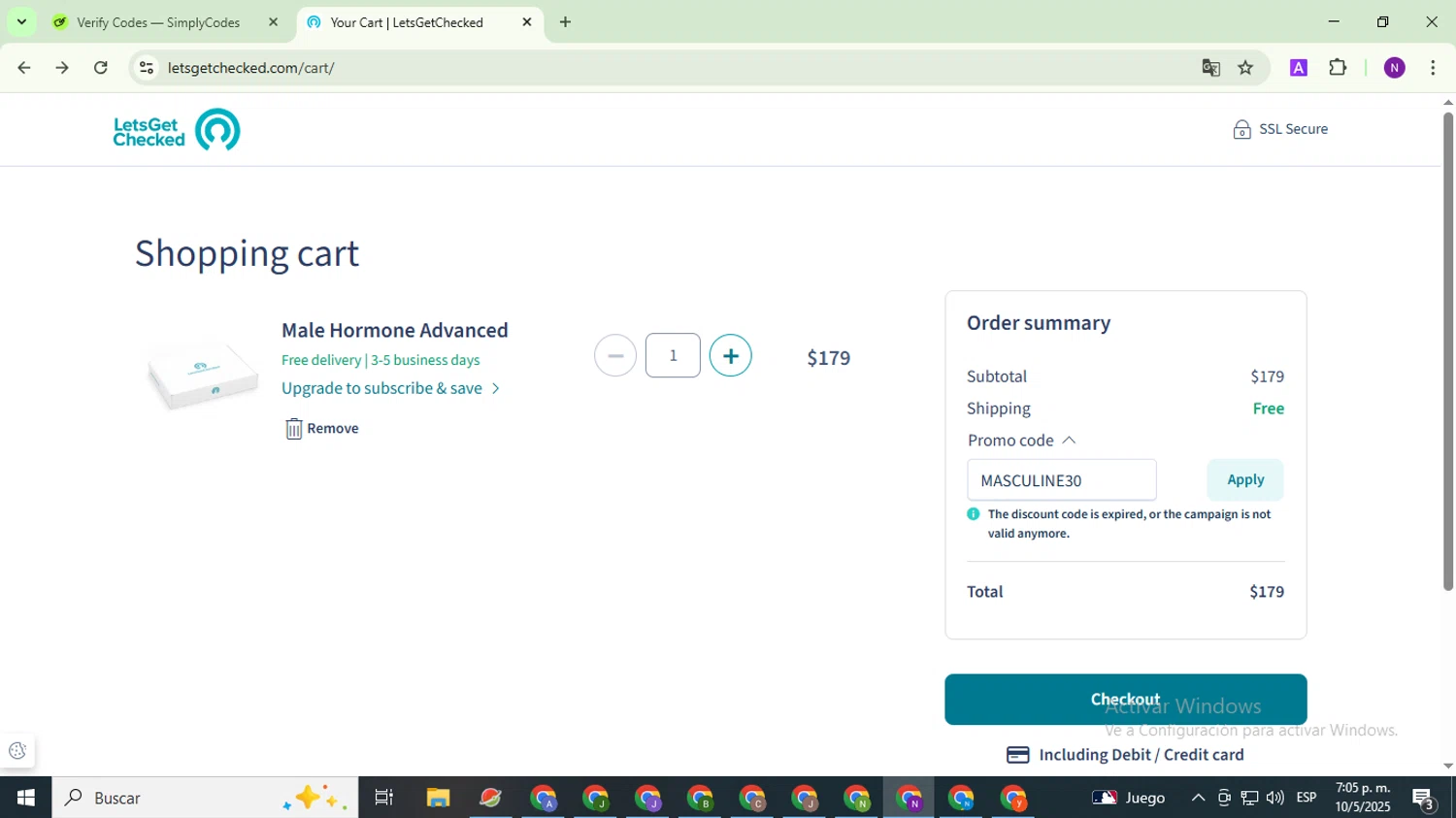 LetsGetChecked promo code screenshot showing code MASCULINE30 applied at LetsGetChecked checkout page. Uploaded by SimplyCodes community member QuestOwl9632 on May 11, 2025