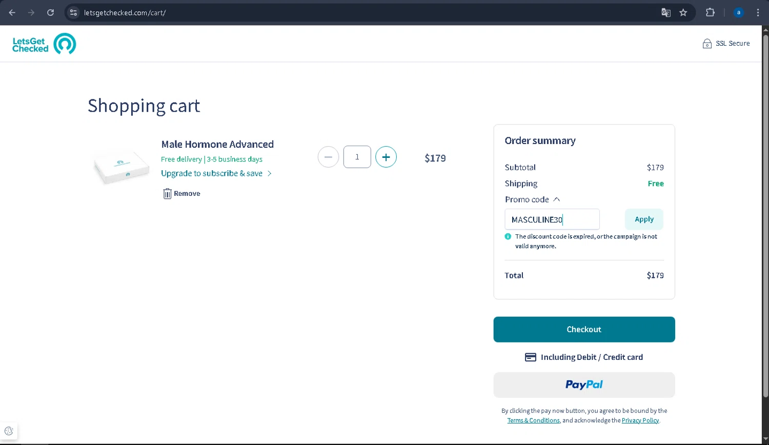 LetsGetChecked promo code screenshot showing code MASCULINE30 applied at LetsGetChecked checkout page. Uploaded by SimplyCodes community member yuss007 on May 11, 2025