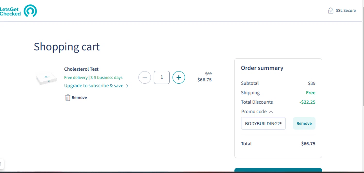 LetsGetChecked promo code screenshot showing code BODYBUILDING25 applied at LetsGetChecked checkout page. Uploaded by SimplyCodes community member Franyer12 on Jan 31, 2025