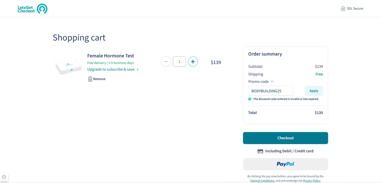 LetsGetChecked promo code screenshot showing code BODYBUILDING25 applied at LetsGetChecked checkout page. Uploaded by SimplyCodes community member HoneyJean on Apr 26, 2025