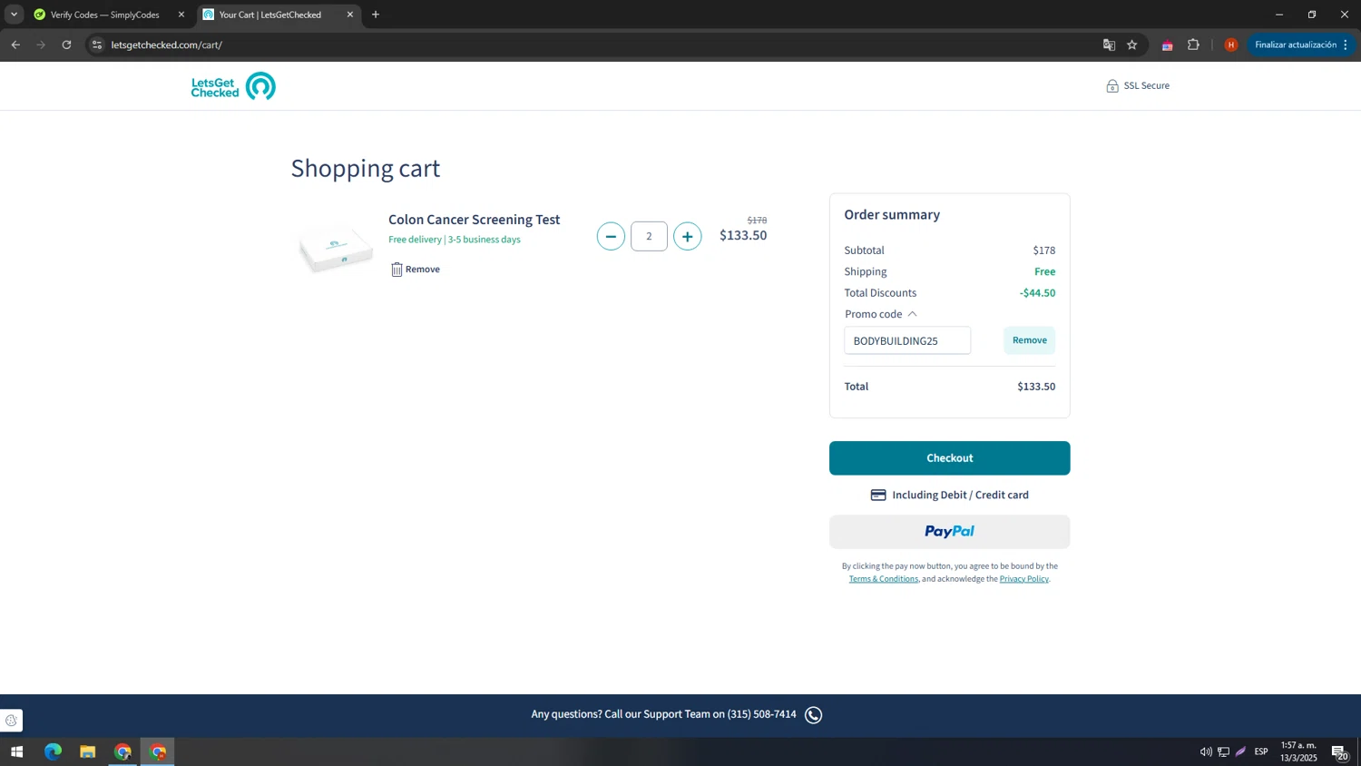 LetsGetChecked promo code screenshot showing code BODYBUILDING25 applied at LetsGetChecked checkout page. Uploaded by SimplyCodes community member usename on Mar 13, 2025