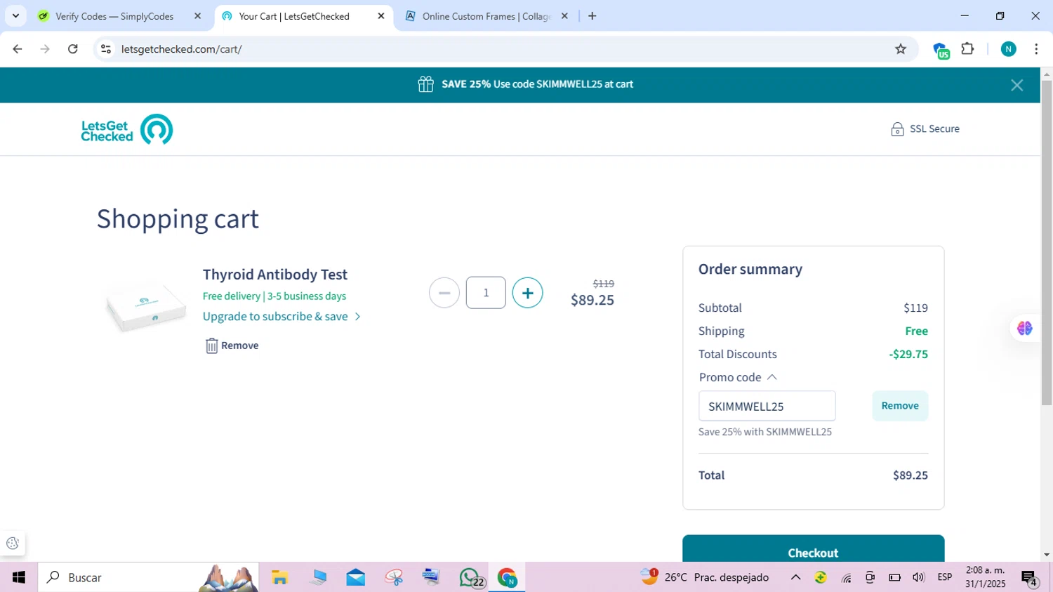 LetsGetChecked promo code screenshot showing code SKIMMWELL25 applied at LetsGetChecked checkout page. Uploaded by SimplyCodes community member FortunateEagle7007 on Jan 31, 2025