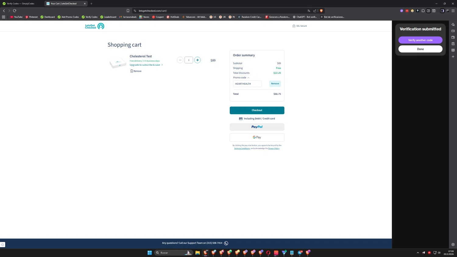 LetsGetChecked checkout page showing LetsGetChecked promo code box | Screenshot taken by SimplyCodes community member on Jan 20, 2026