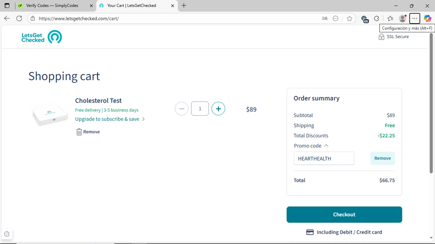 LetsGetChecked promo code screenshot showing code HEARTHEALTH applied at LetsGetChecked checkout page. Uploaded by SimplyCodes community member jhoanDepp on Oct 25, 2025