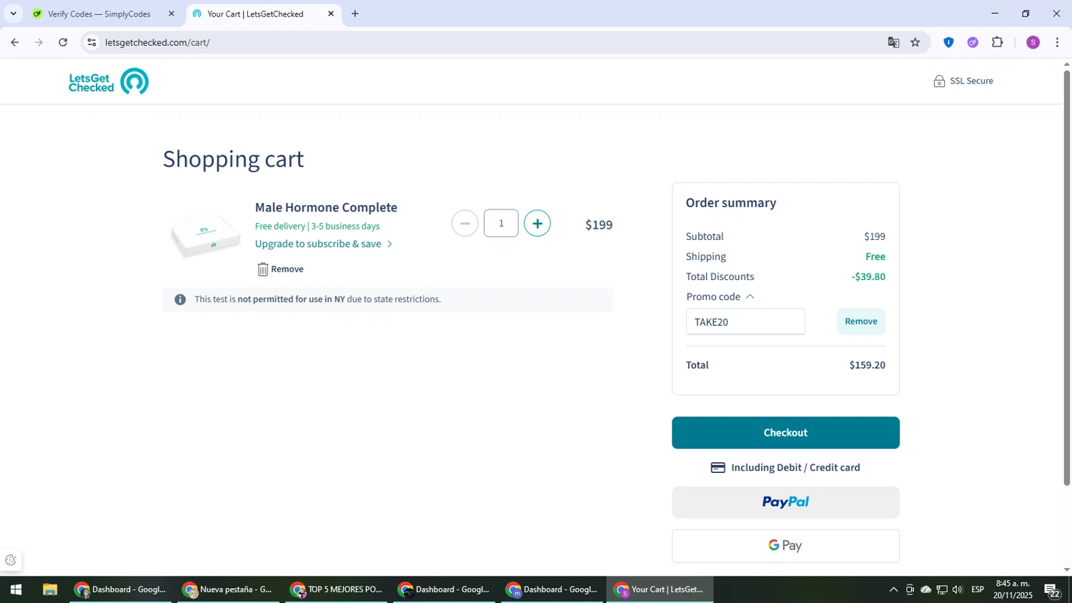LetsGetChecked promo code screenshot showing code TAKE20 applied at LetsGetChecked checkout page. Uploaded by SimplyCodes community member Son_Goku on Nov 20, 2025