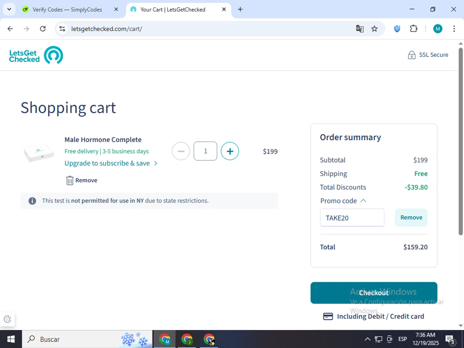 LetsGetChecked promo code screenshot showing code TAKE20 applied at LetsGetChecked checkout page. Uploaded by SimplyCodes community member estrellaveloz on Dec 19, 2025
