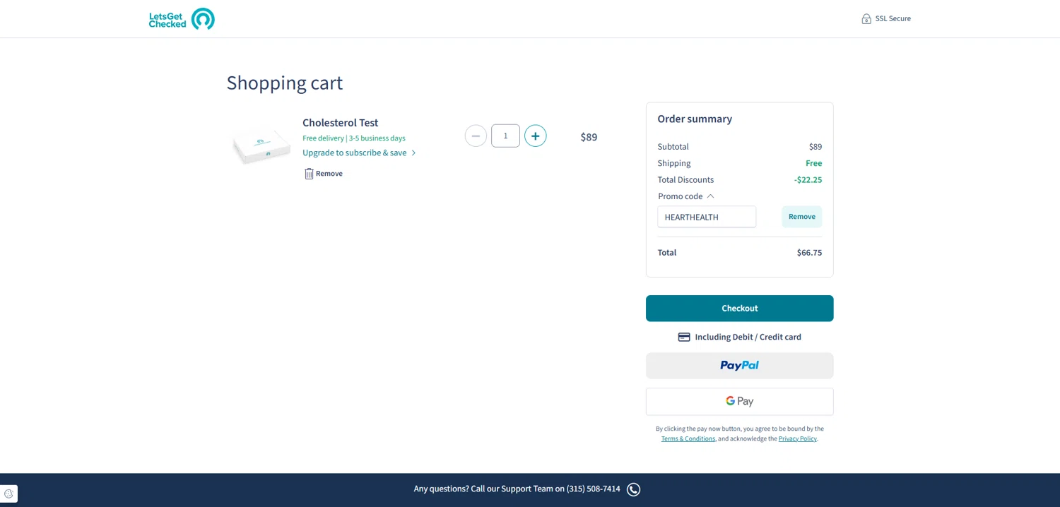 LetsGetChecked promo code screenshot showing code HEARTHEALTH applied at LetsGetChecked checkout page. Uploaded by SimplyCodes community member Dorothy on Oct 25, 2025