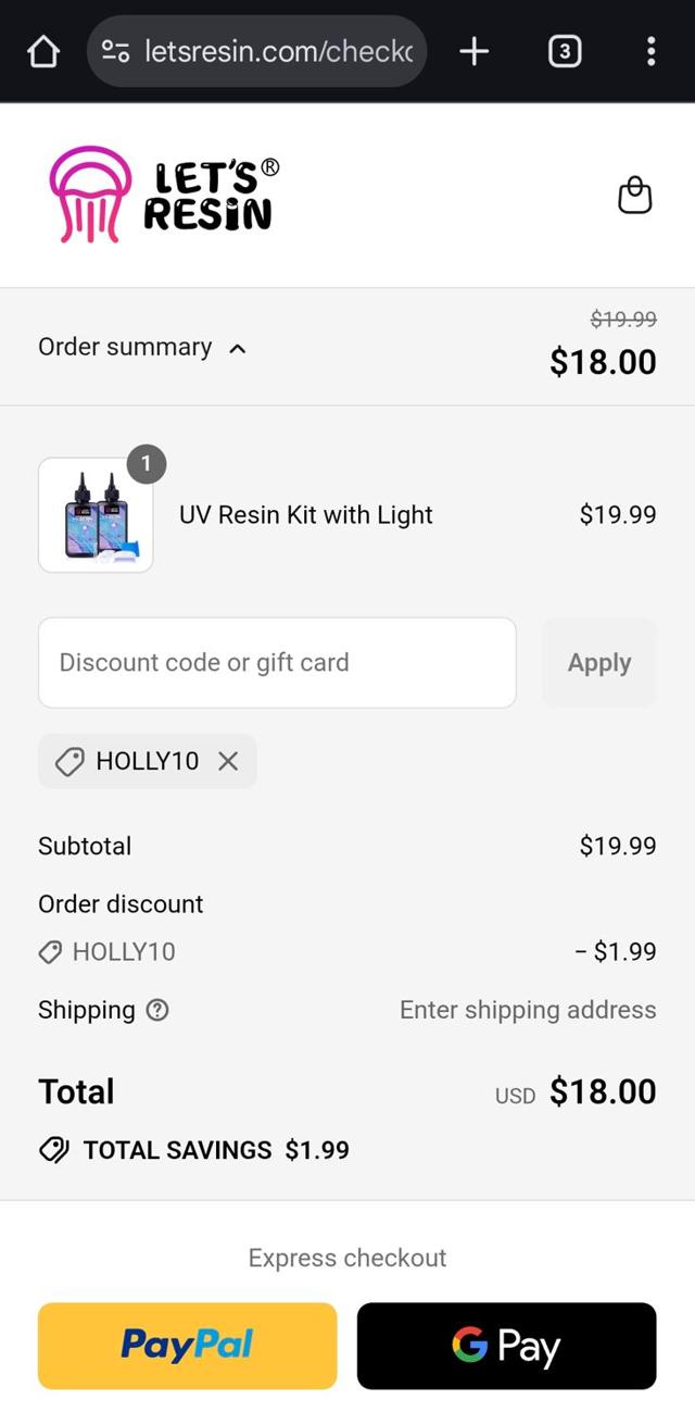 Let's Resin checkout page showing Let's Resin promo code box | Screenshot taken by SimplyCodes community member on Sep 13, 2025