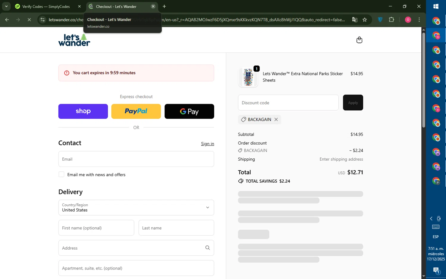 Let's Wander discount code screenshot showing code BACKAGAIN applied at Let's Wander checkout page. Uploaded by SimplyCodes community member LegendaryRanger6350 on Dec 17, 2025