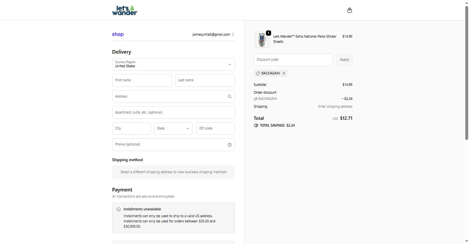 Let's Wander discount code screenshot showing code BACKAGAIN applied at Let's Wander checkout page. Uploaded by SimplyCodes community member sofia_8 on Sep 21, 2025