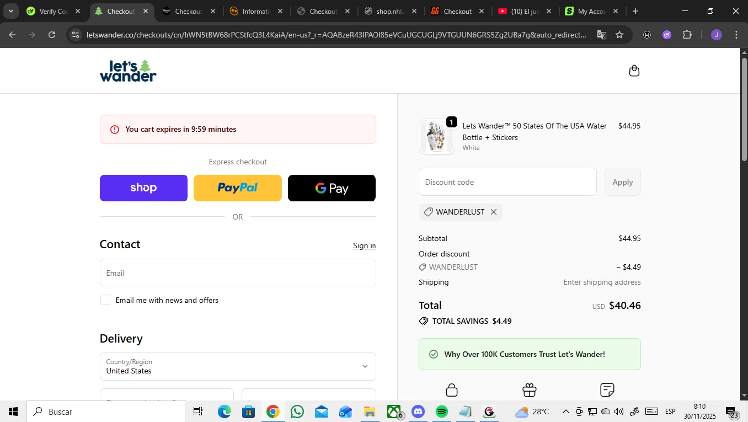 Let's Wander discount code screenshot showing code WANDERLUST applied at Let's Wander checkout page. Uploaded by SimplyCodes community member ENCARAMESSI on Nov 30, 2025