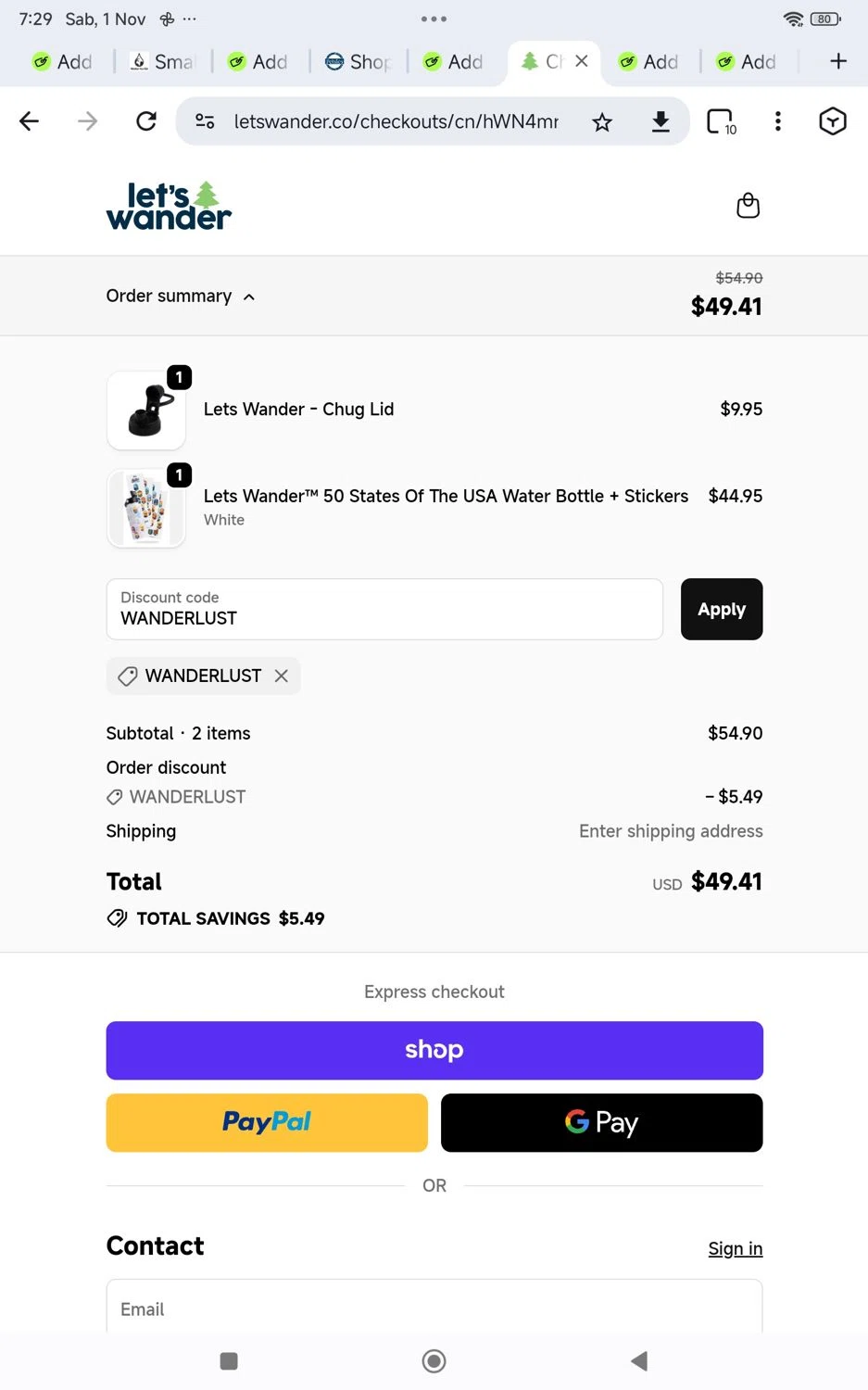 Let's Wander discount code screenshot showing code WANDERLUST applied at Let's Wander checkout page. Uploaded by SimplyCodes community member KarinaHZ on Nov 1, 2025