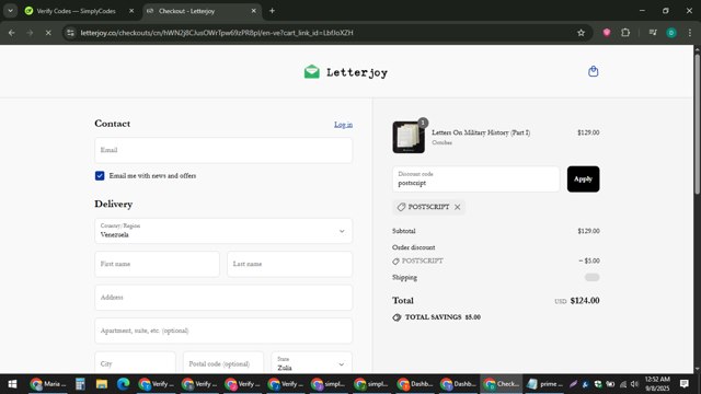 Letterjoy checkout page showing Letterjoy discount code box | Screenshot taken by SimplyCodes community member on Sep 8, 2025