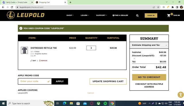Leupold checkout page showing Leupold discount code box | Screenshot taken by SimplyCodes community member on Jan 13, 2023