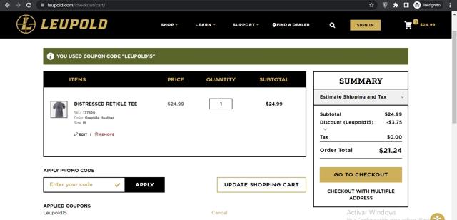 Leupold checkout page showing Leupold discount code box | Screenshot taken by SimplyCodes community member on Jan 31, 2023