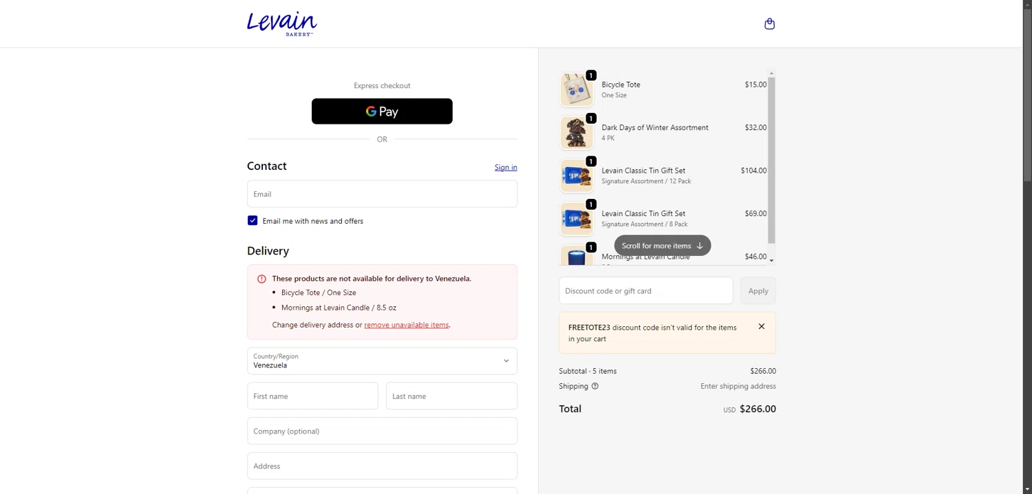 Levain Bakery promo code screenshot showing code FREETOTE23 applied at Levain Bakery checkout page. Uploaded by SimplyCodes community member MACKter54644 on Feb 6, 2026