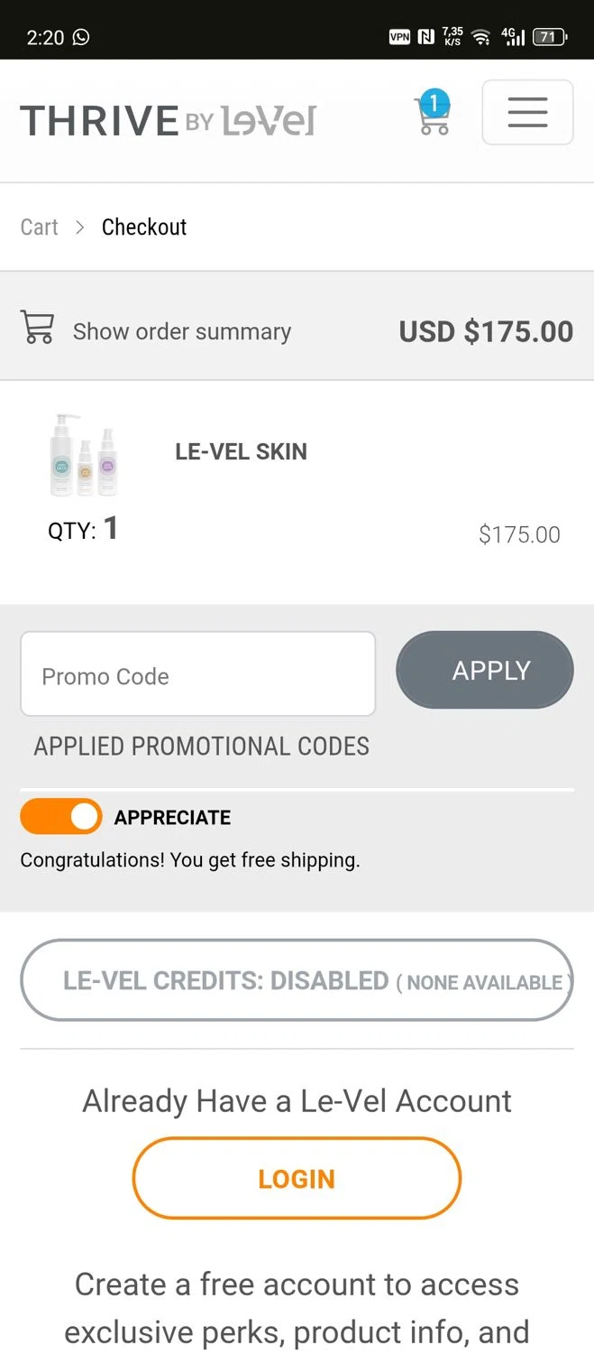 Le-Vel checkout page showing Le-Vel discount code box | Screenshot taken by SimplyCodes community member on Jan 13, 2026