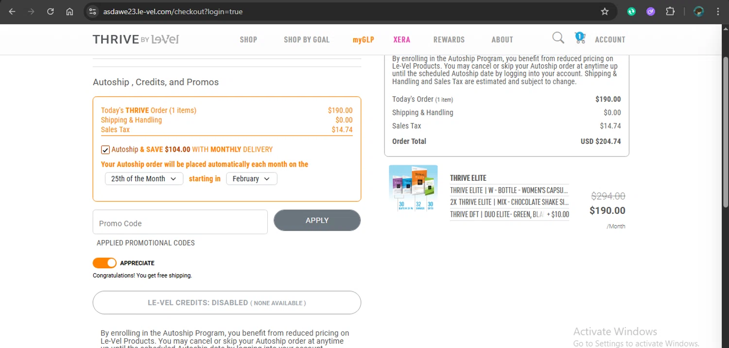 Le-Vel checkout page showing Le-Vel discount code box | Screenshot taken by SimplyCodes community member on Jan 29, 2026