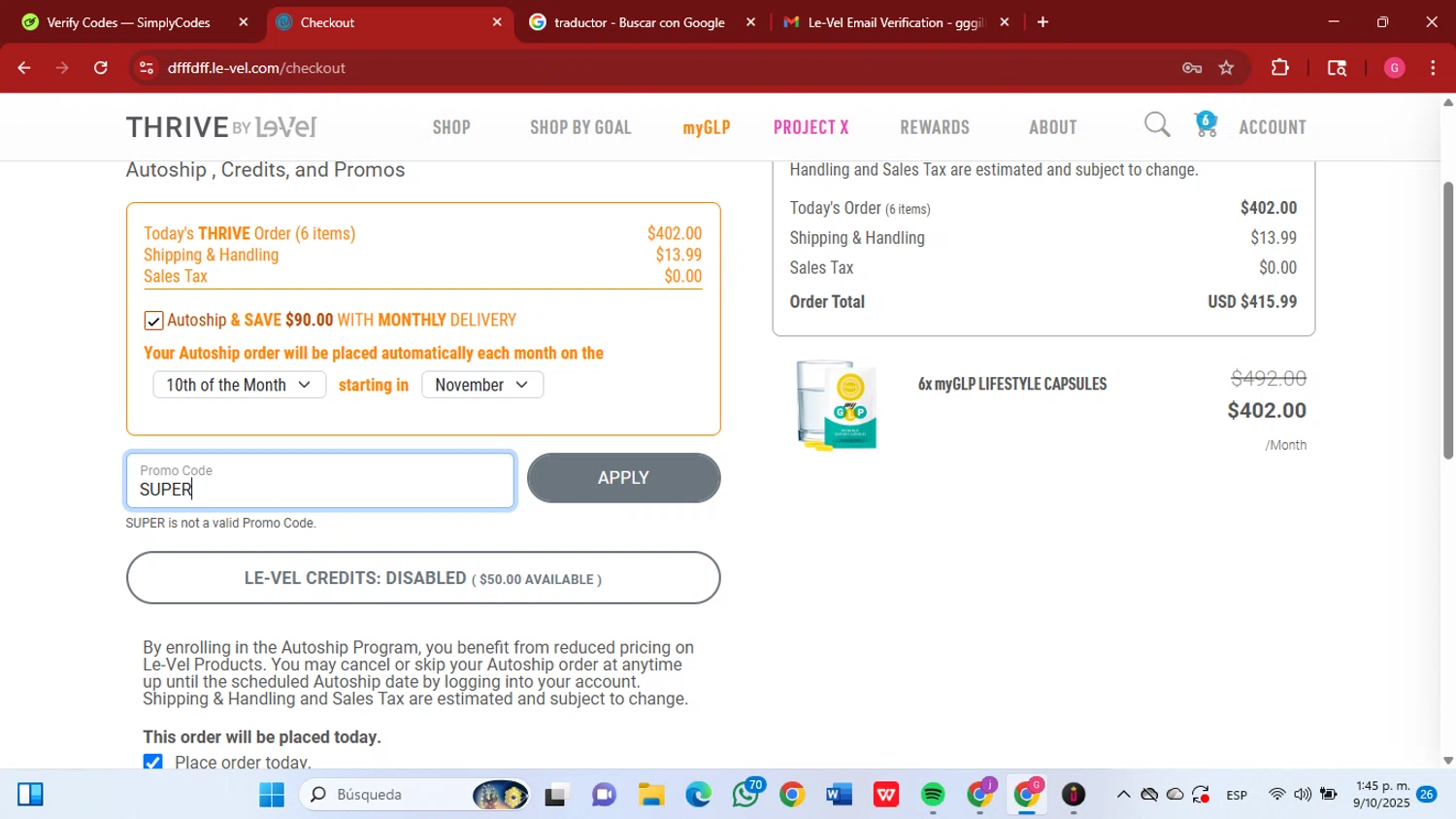 Le-Vel discount code screenshot showing code SUPER applied at Le-Vel checkout page. Uploaded by SimplyCodes community member GGGilbert on Oct 9, 2025