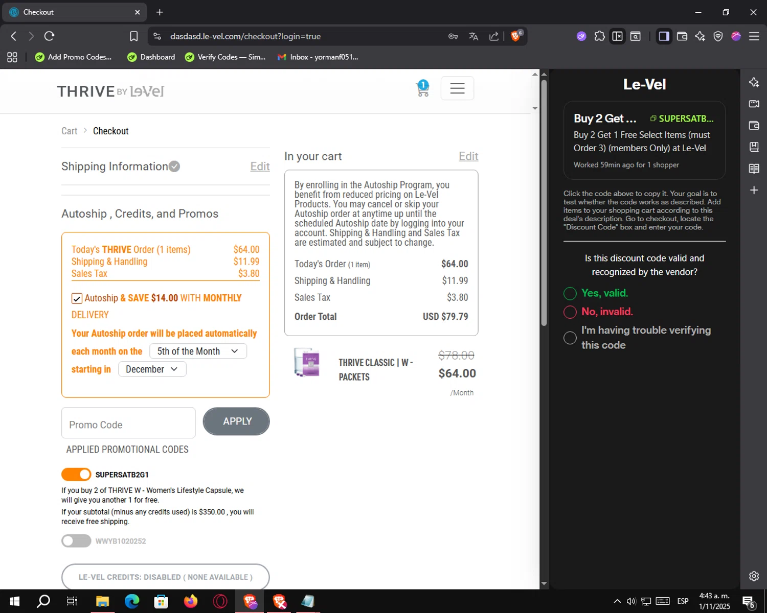 Le-Vel checkout page showing Le-Vel discount code box | Screenshot taken by SimplyCodes community member on Nov 1, 2025