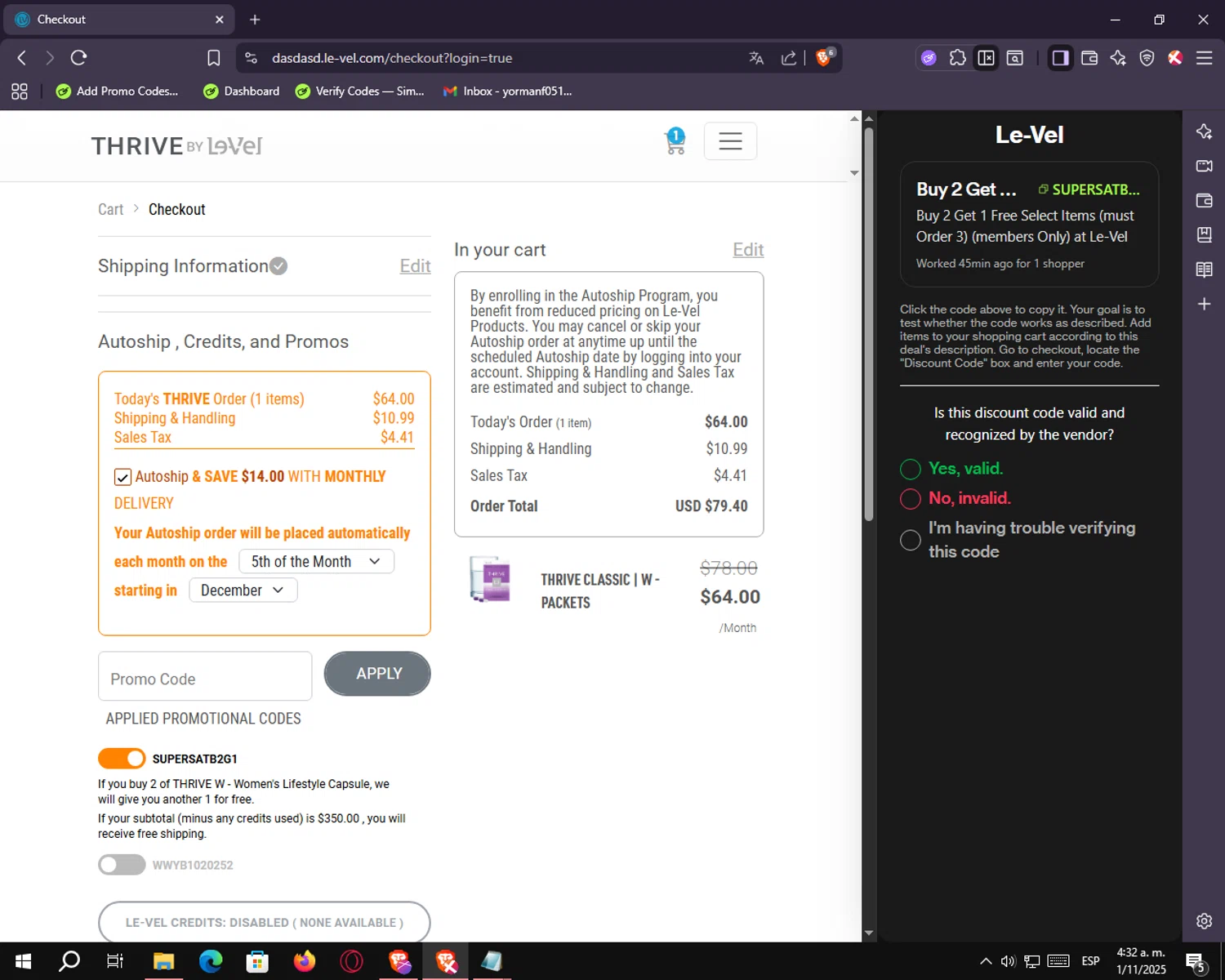 Le-Vel checkout page showing Le-Vel discount code box | Screenshot taken by SimplyCodes community member on Nov 1, 2025