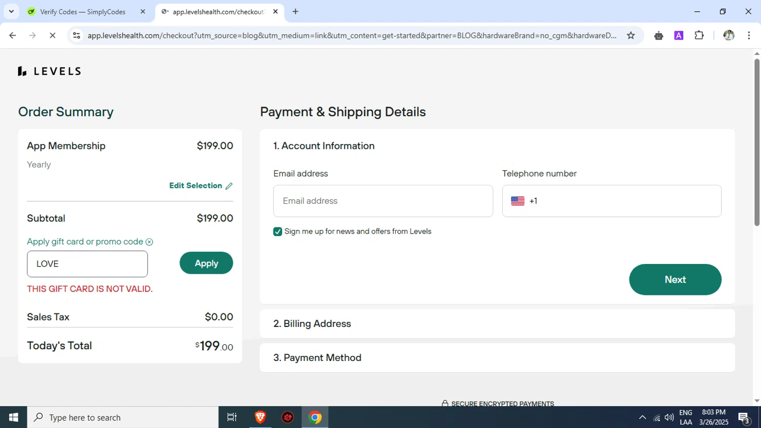 Levels promo code screenshot showing code LOVE applied at Levels checkout page. Uploaded by SimplyCodes community member EstefanyMarrufo on Mar 27, 2025