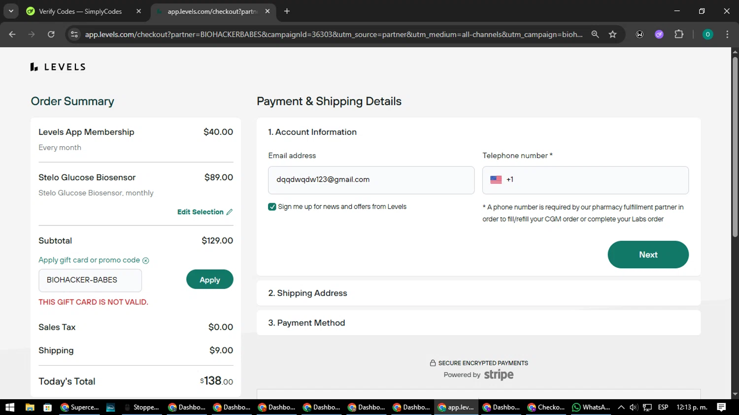 Levels promo code screenshot showing code BIOHACKER-BABES applied at Levels checkout page. Uploaded by SimplyCodes community member LuckyDefender9428 on Aug 19, 2025