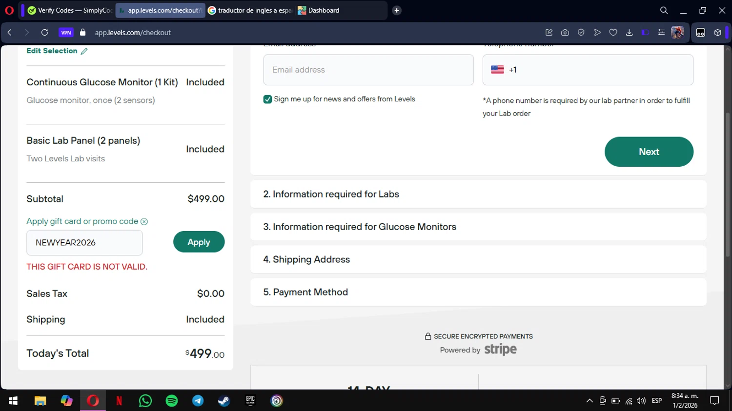 Levels promo code screenshot showing code NEWYEAR2026 applied at Levels checkout page. Uploaded by SimplyCodes community member mimusuky1 on Feb 1, 2026