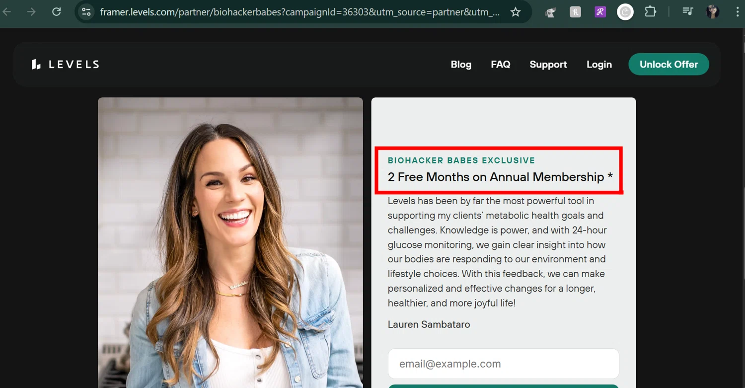 Levels promo code screenshot showing code BIOHACKER-BABES applied at Levels checkout page. Uploaded by SimplyCodes community member MarUmi on Jun 4, 2025