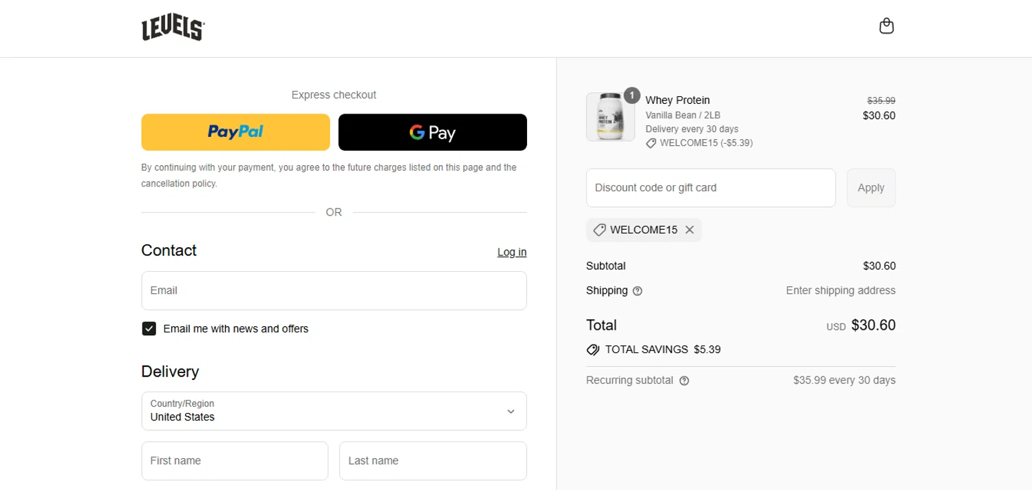 Levels Supplements promo code screenshot showing code WELCOME15 applied at Levels Supplements checkout page. Uploaded by SimplyCodes community member MagnificentCurator5441 on Sep 8, 2025
