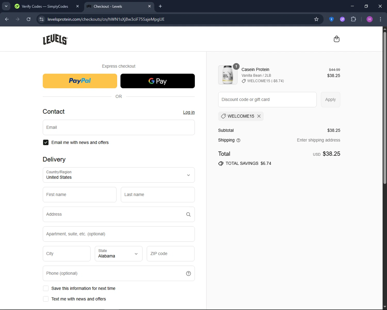 Levels Supplements promo code screenshot showing code WELCOME15 applied at Levels Supplements checkout page. Uploaded by SimplyCodes community member TokenNavigator6891 on Aug 16, 2025
