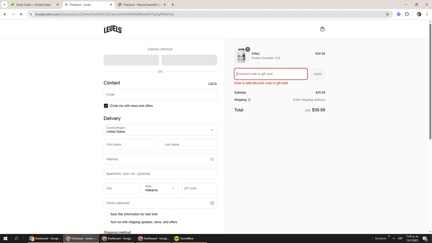 Levels Supplements promo code screenshot showing code AlexJ applied at Levels Supplements checkout page. Uploaded by SimplyCodes community member Levi_Ackerman on Jul 16, 2025