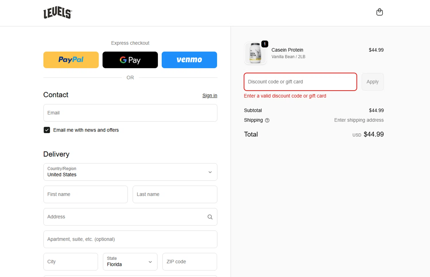 Levels Supplements promo code screenshot showing code karina applied at Levels Supplements checkout page. Uploaded by SimplyCodes community member Espaguetticonpollo on Nov 8, 2025
