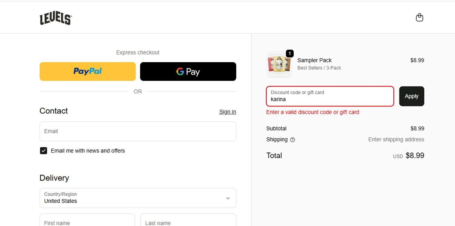 Levels Supplements promo code screenshot showing code karina applied at Levels Supplements checkout page. Uploaded by SimplyCodes community member danielgarcia1 on Nov 8, 2025