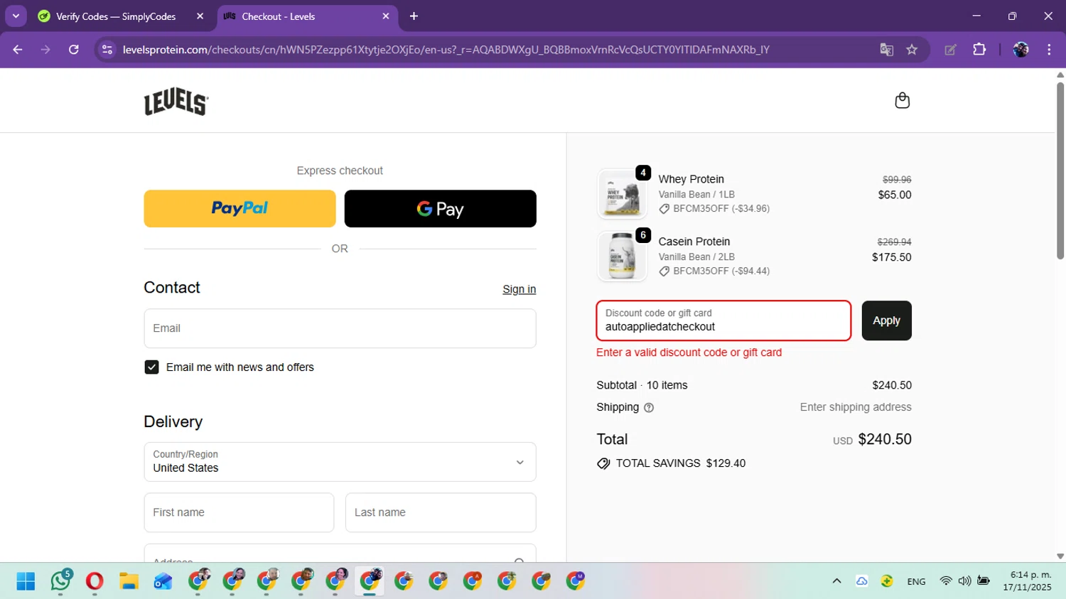 Levels Supplements promo code screenshot showing code autoappliedatcheckout applied at Levels Supplements checkout page. Uploaded by SimplyCodes community member Marielis on Nov 17, 2025