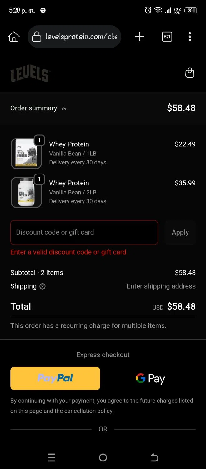 Levels Supplements promo code screenshot showing code autoappliedatcheckout applied at Levels Supplements checkout page. Uploaded by SimplyCodes community member Pipina11 on Nov 17, 2025