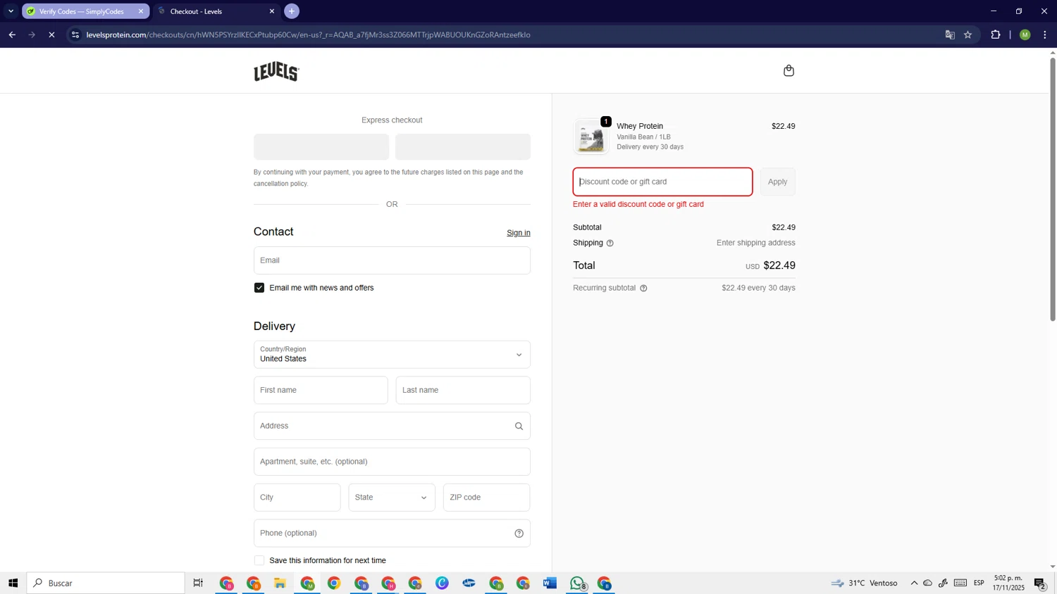 Levels Supplements promo code screenshot showing code autoappliedatcheckout applied at Levels Supplements checkout page. Uploaded by SimplyCodes community member PrimeSage6924 on Nov 17, 2025