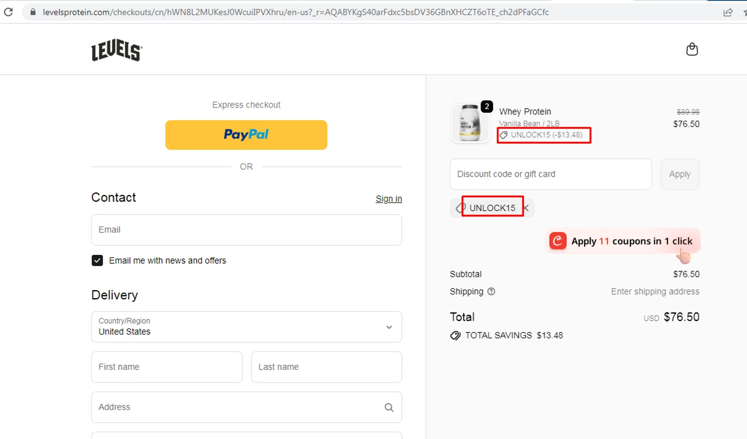 Levels Supplements promo code screenshot showing code UNLOCK15 applied at Levels Supplements checkout page. Uploaded by SimplyCodes community member nileskamarcano on Feb 3, 2026