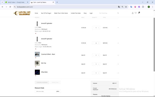 Level Up Lightsaber checkout page showing Level Up Lightsaber promo code box | Screenshot taken by SimplyCodes community member on Jun 21, 2025