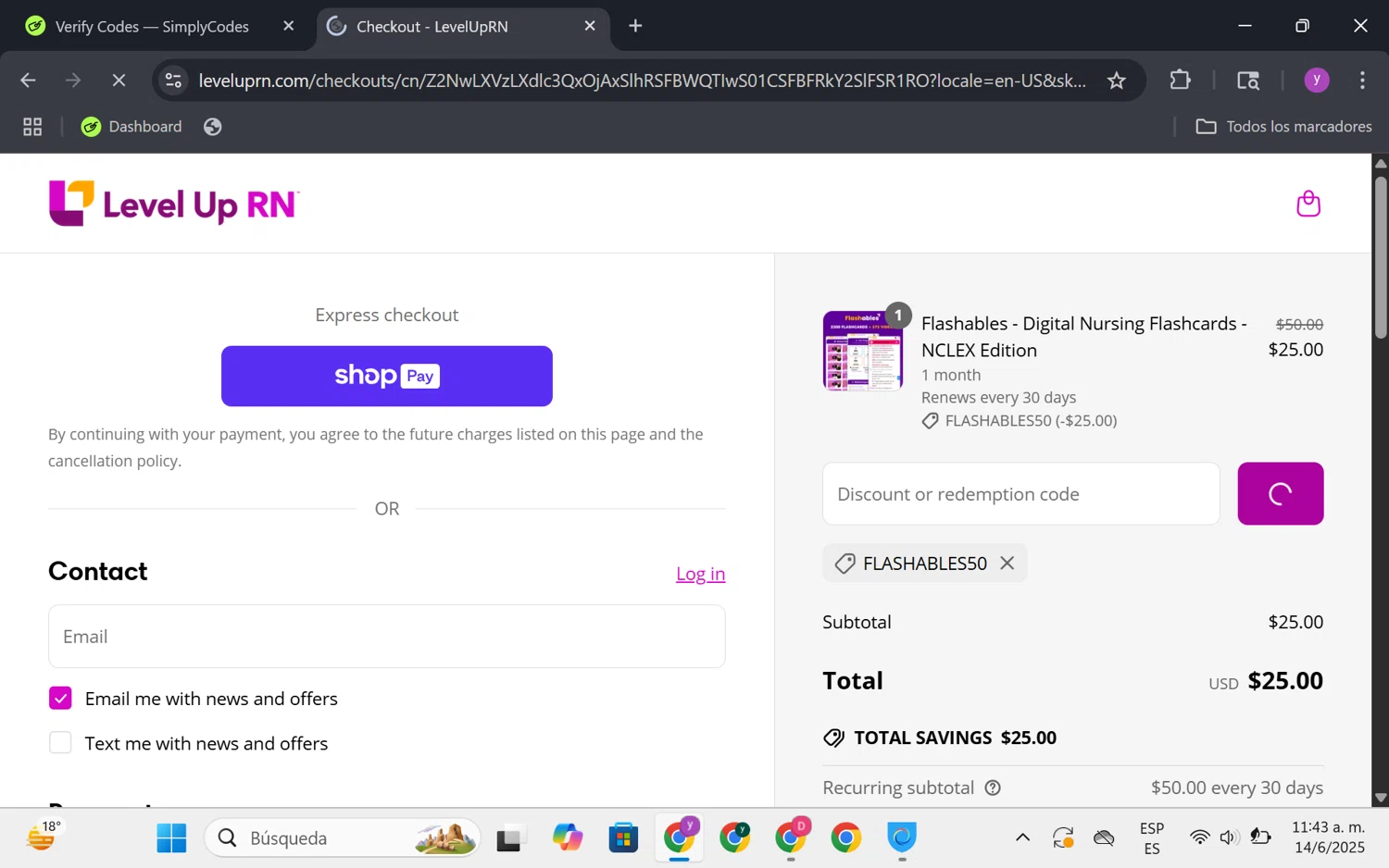 Level Up RN discount code screenshot showing code Flashables50 applied at Level Up RN checkout page. Uploaded by SimplyCodes community member FrugalKnight6753 on Jun 14, 2025