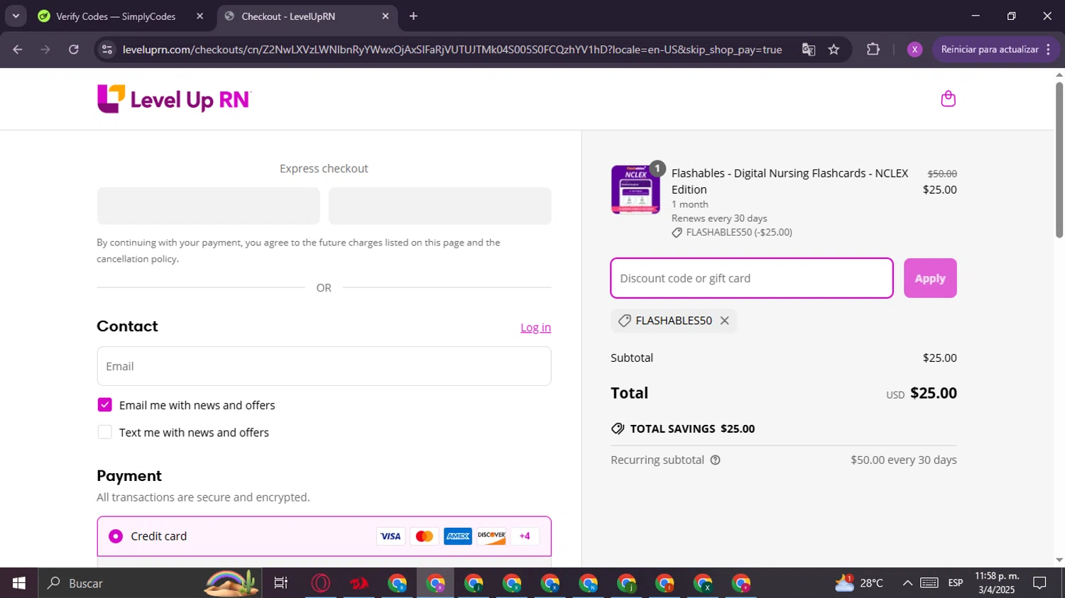 Level Up RN discount code screenshot showing code Flashables50 applied at Level Up RN checkout page. Uploaded by SimplyCodes community member CashChaser8387 on Apr 4, 2025