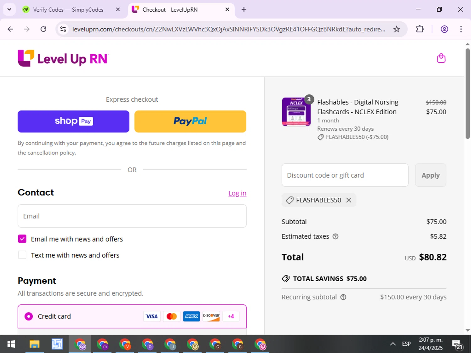 Level Up RN discount code screenshot showing code Flashables50 applied at Level Up RN checkout page. Uploaded by SimplyCodes community member ExtraordinaryPro8536 on Apr 24, 2025