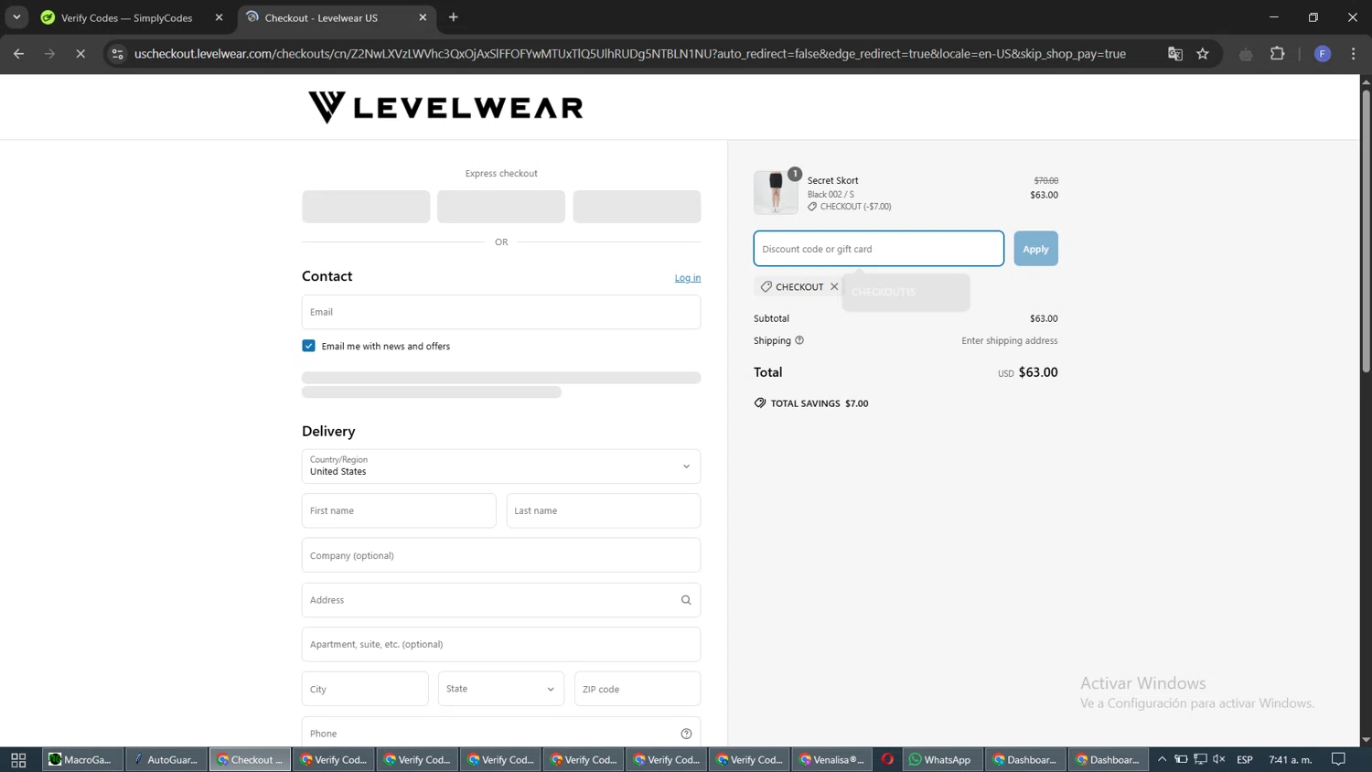 Levelwear promo code screenshot showing code CHECKOUT applied at Levelwear checkout page. Uploaded by SimplyCodes community member ShieldLynx232 on Mar 28, 2025