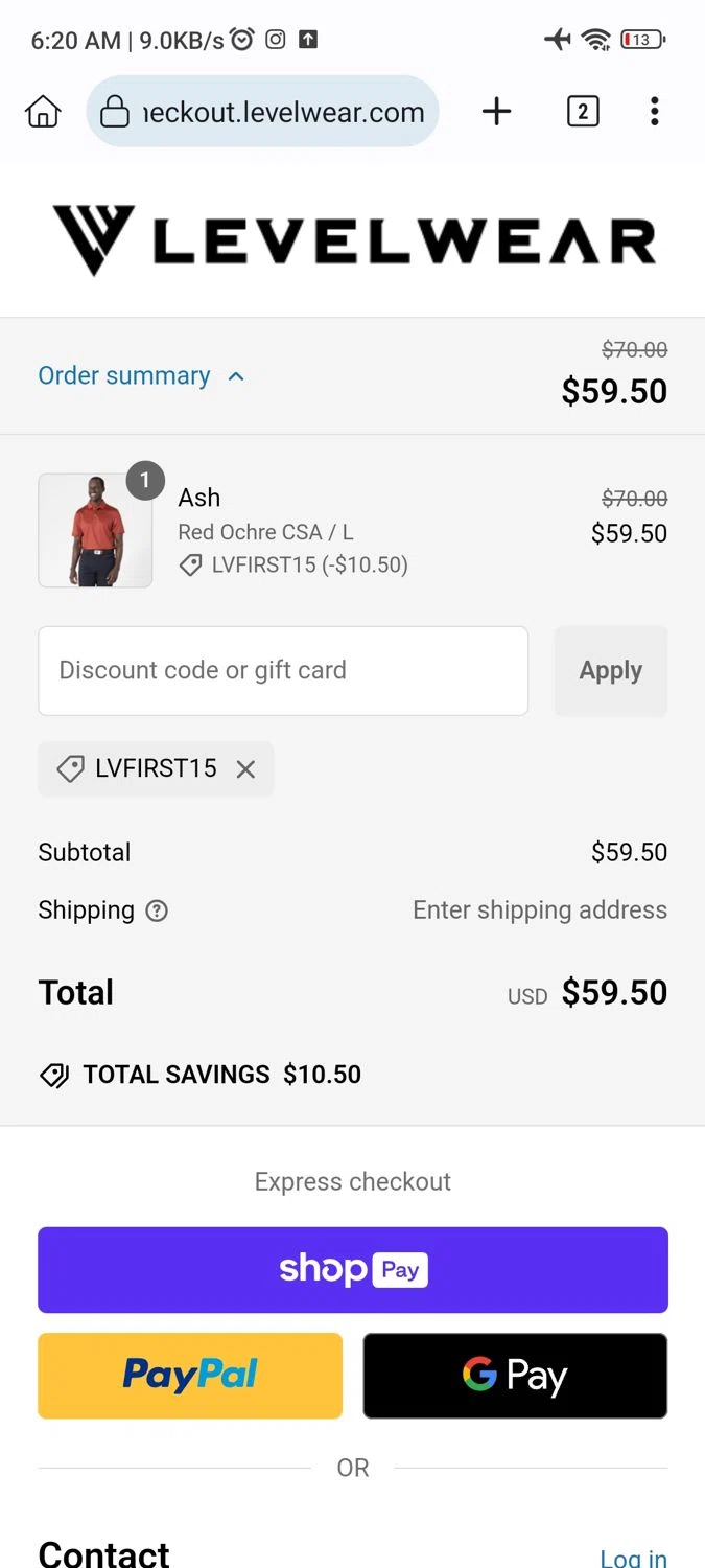 Levelwear checkout page showing Levelwear promo code box | Screenshot taken by SimplyCodes community member on Dec 30, 2024