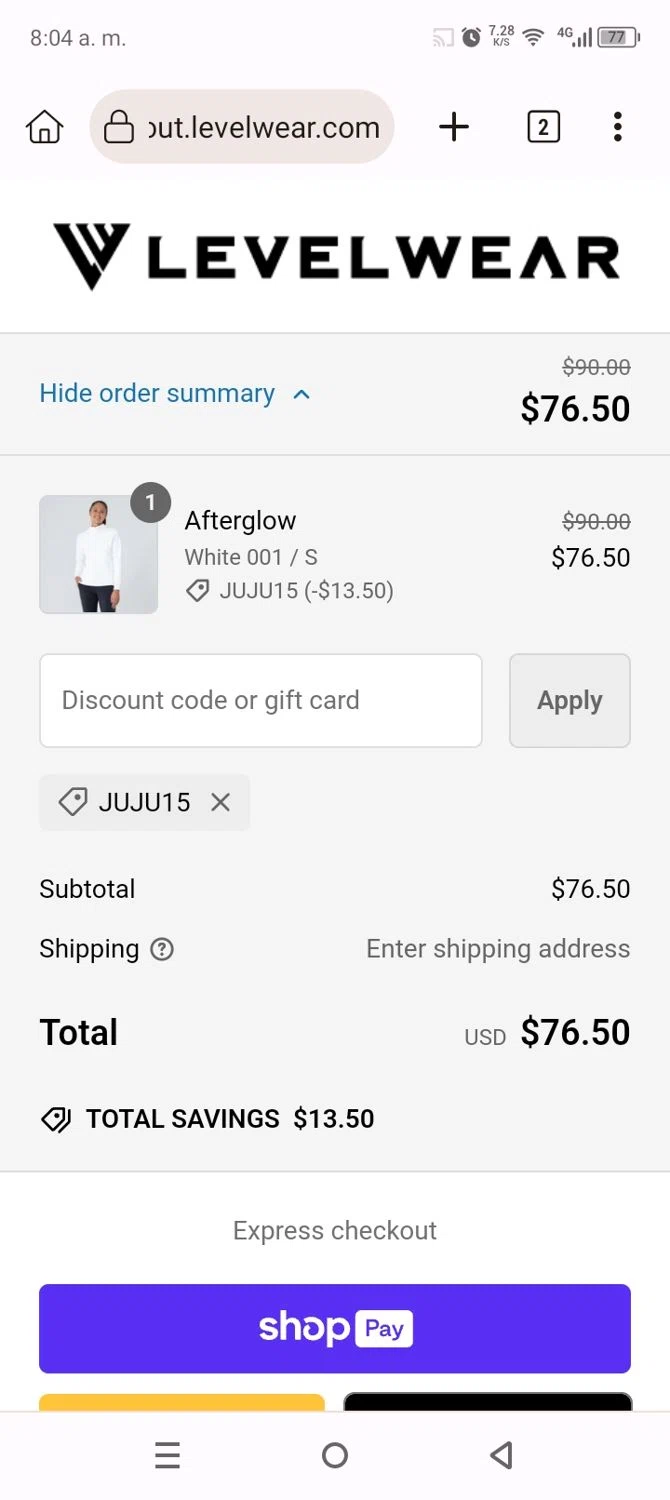 Levelwear checkout page showing Levelwear promo code box | Screenshot taken by SimplyCodes community member on Nov 28, 2024
